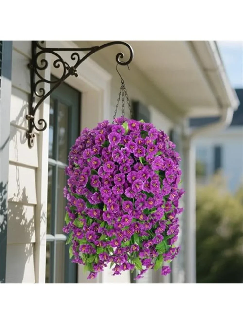 Artificial Morning Glory Hanging Basket Purple Faux Flowers Outdoor Indoor Decor